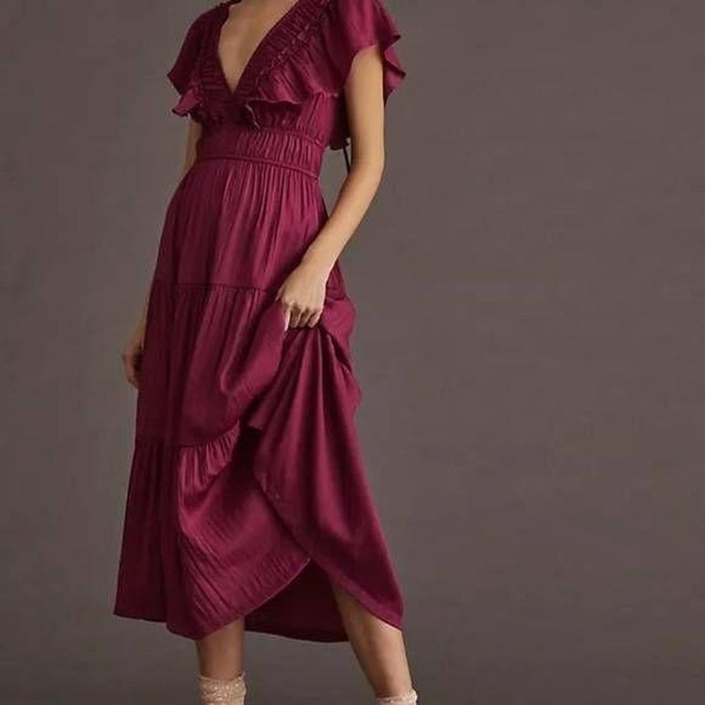 Anthropologie NEW WITH TAGS Ruffled Tiered Midi Dress- Purple LARGE